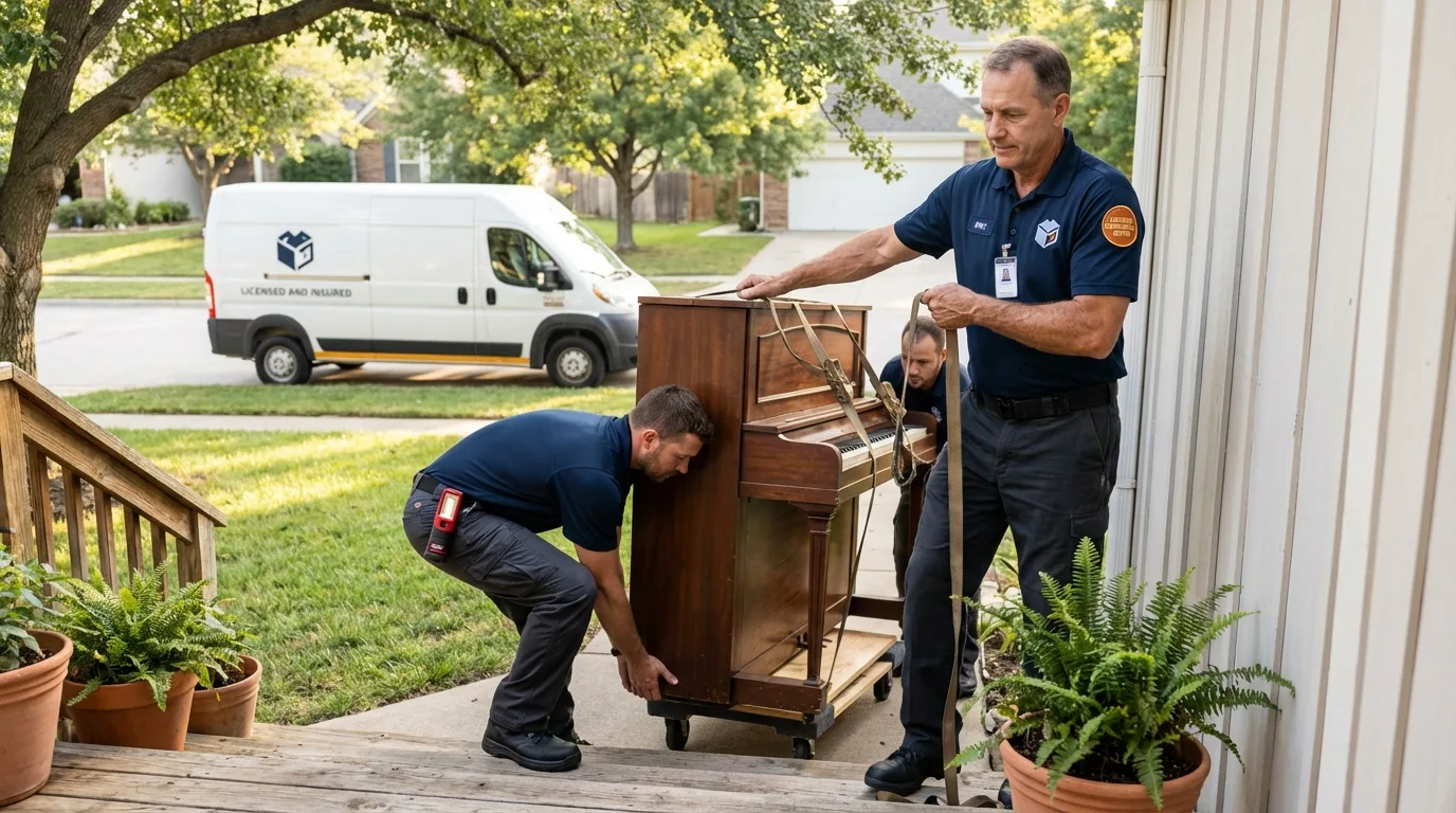 Licensed piano movers securing grand piano in Senoia, GA