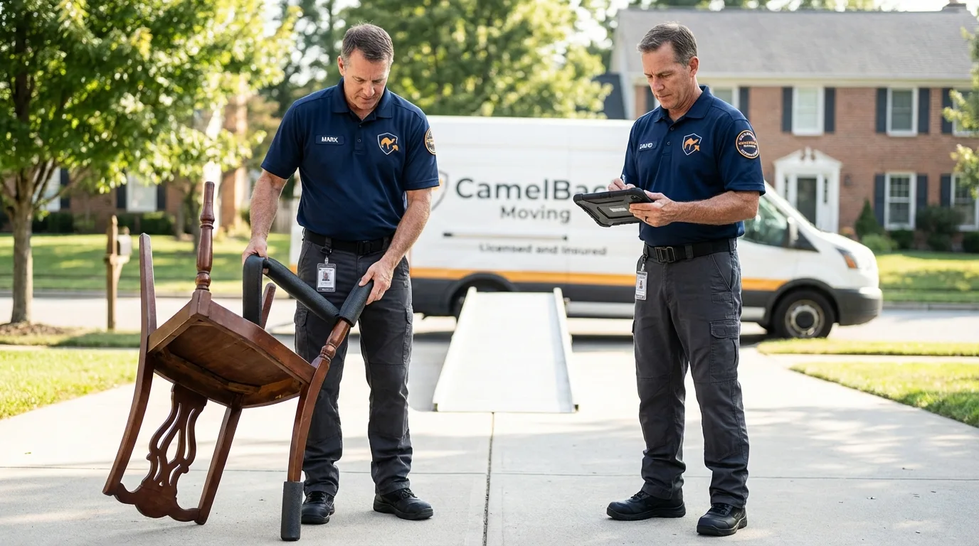 Movers inspecting furniture for damage prevention before loading in Senoia, GA